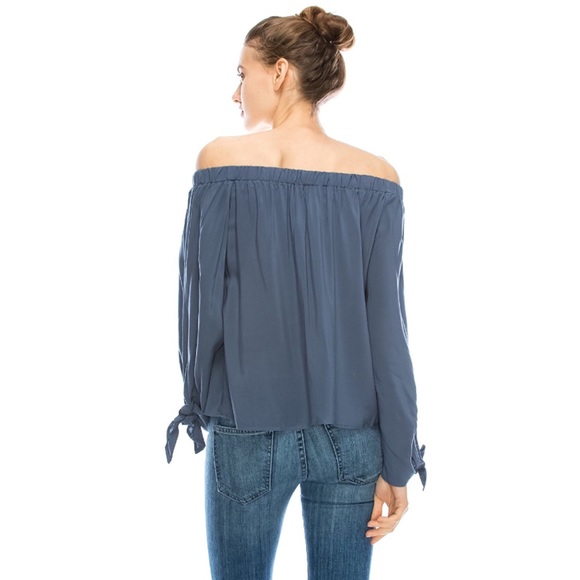 Off Shoulder Tie Cuff Drapey Blouse French Blue - Picture 2 of 3